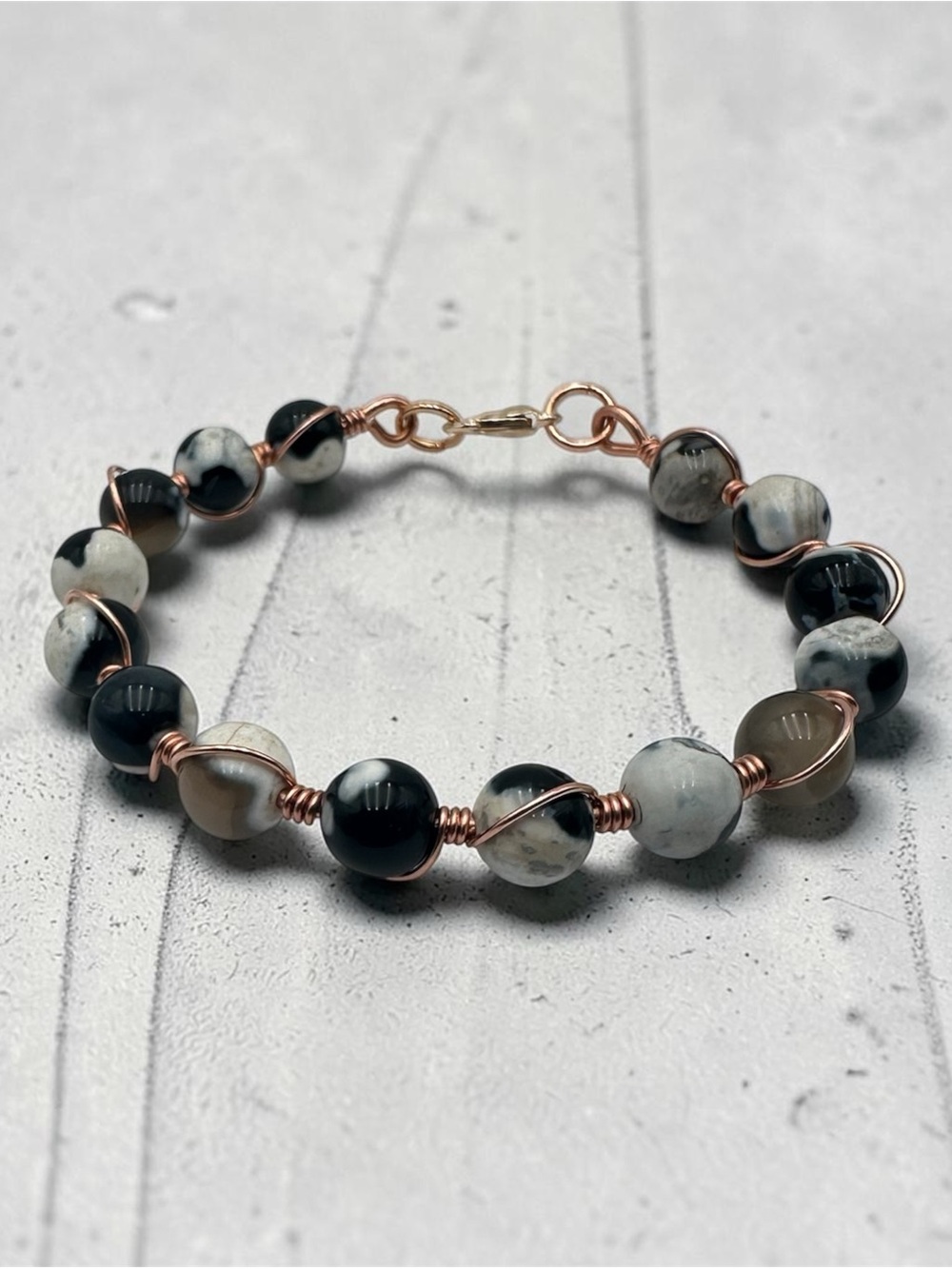 Black White Jasper Bracelet Handmade Wire Wrapped Copper Boho Natural Stone